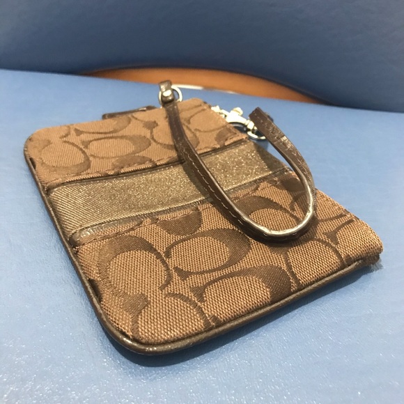 Coach brown signature w/leather trim wristlet - Picture 12 of 14